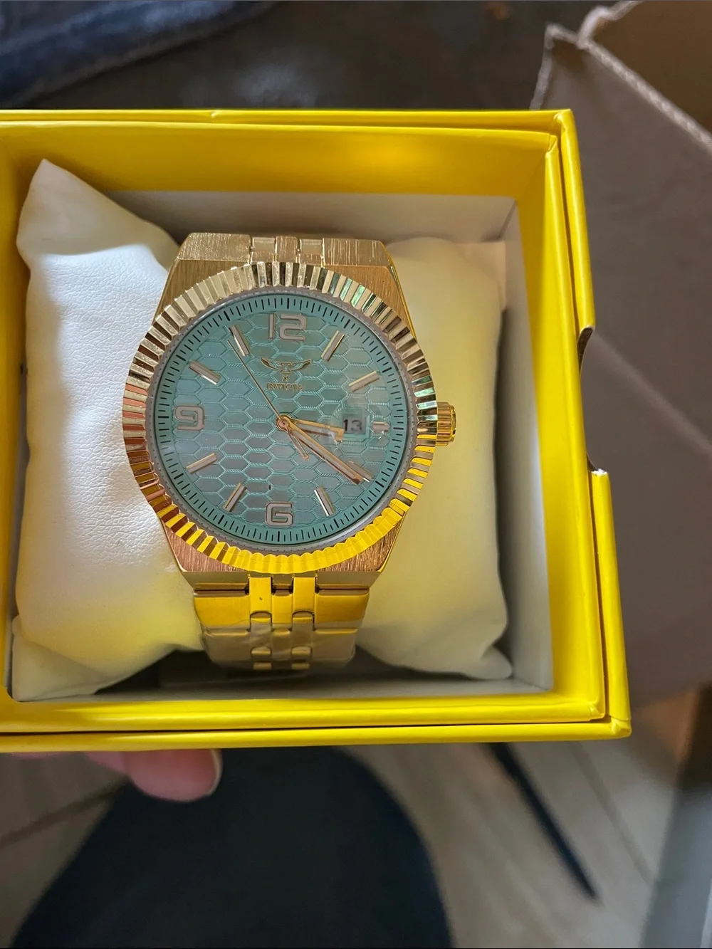Gold Men's Bracelet Watch with Aqua Dial